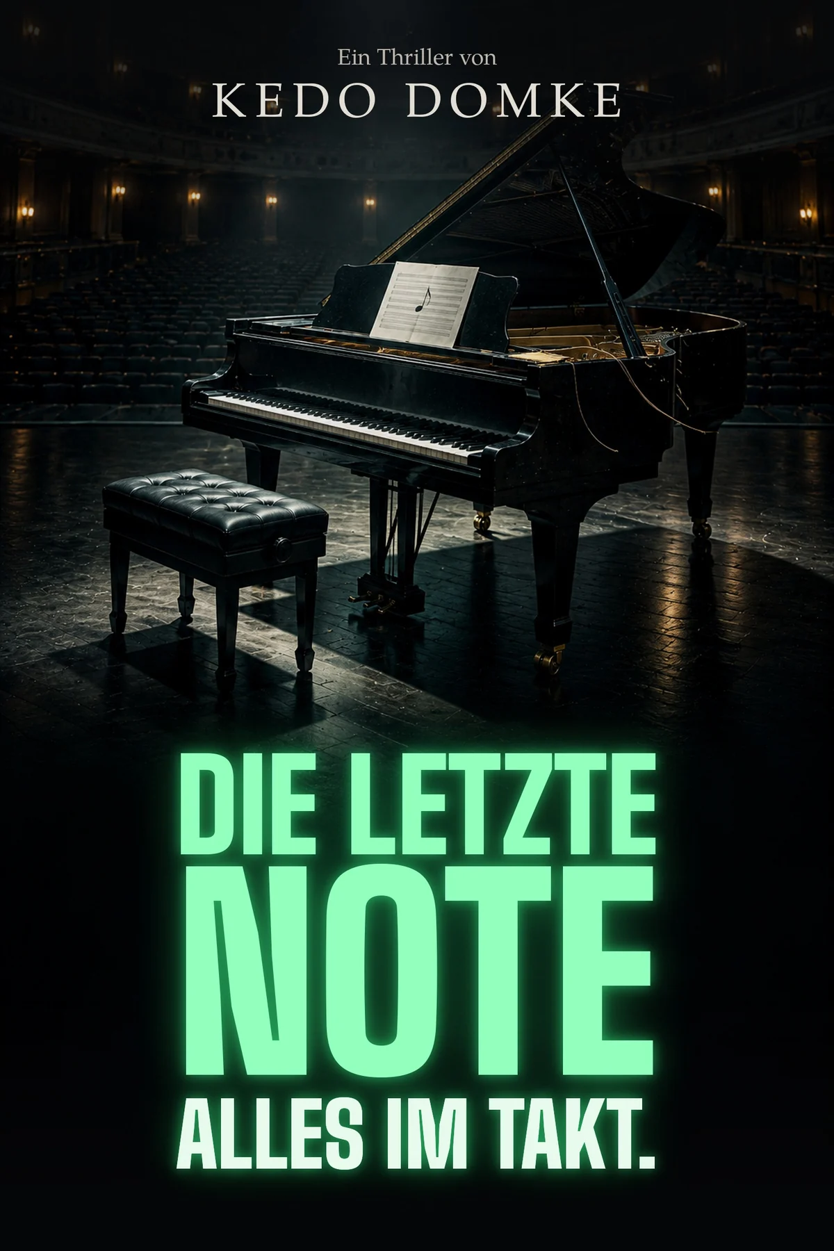 Cover von Die letzte Note: ein schwarzer Flügel mit Klavierbank auf der Bühne eines leeren Konzertsaals, auf dem Notenpult ein Blatt mit einer einzigen Note