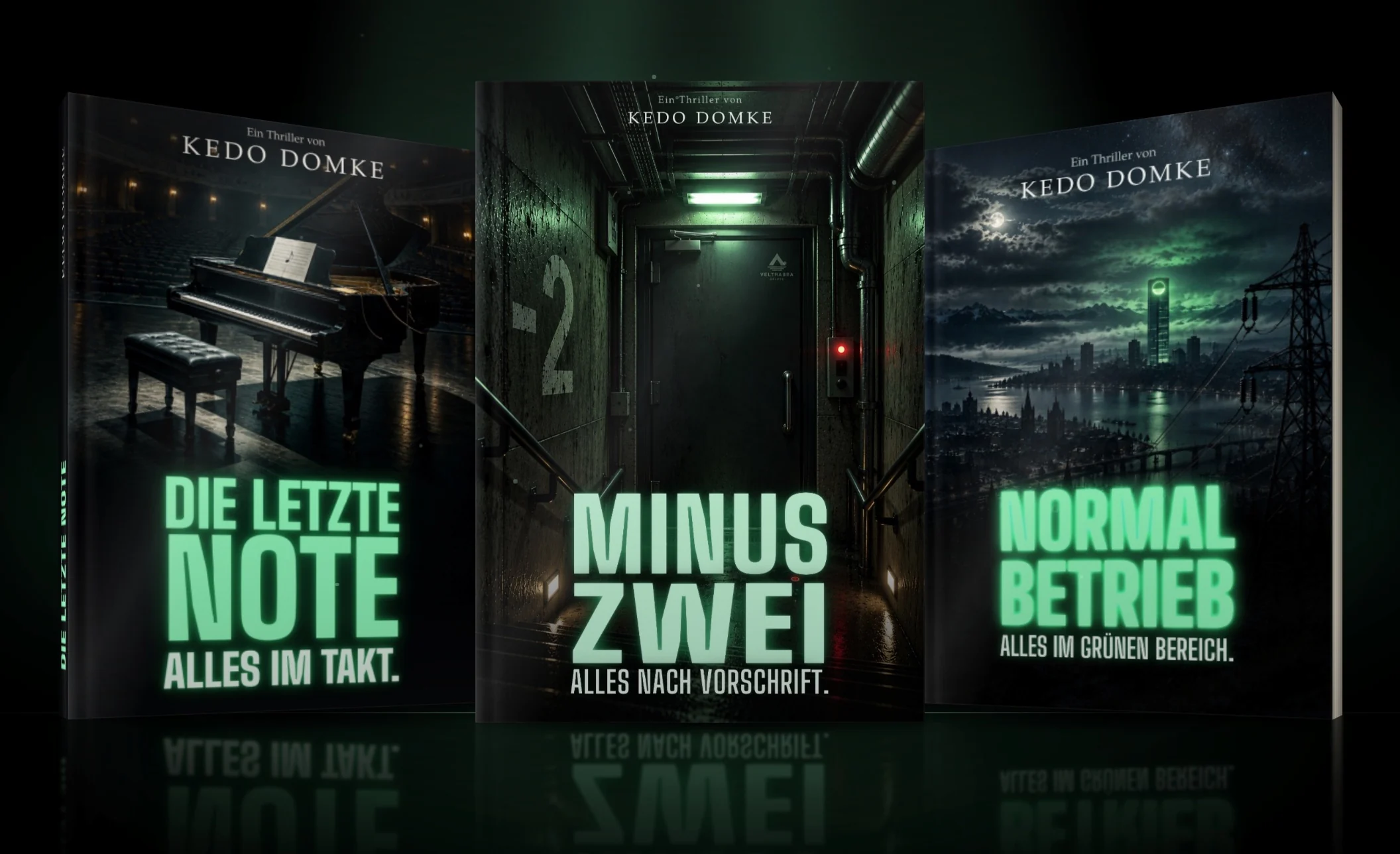 Die drei Bücher Die letzte Note, Minus zwei und Normalbetrieb nebeneinander auf schwarzem Grund, darunter ihre Spiegelung
